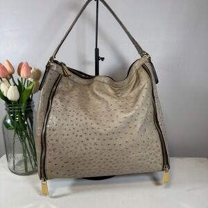 Furla Ostrich Embossed Leather Hobo Shoulder Bag Taupe Gold Zip